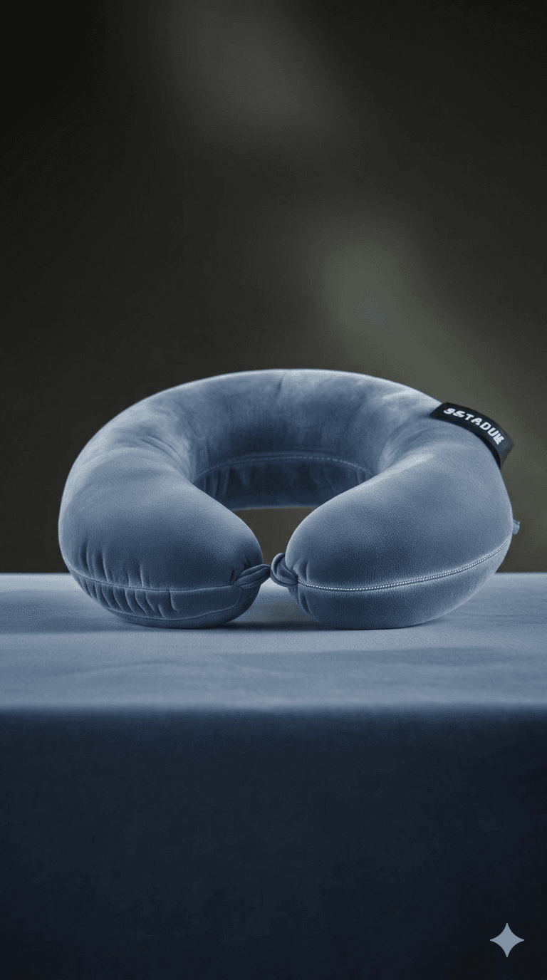 A plush, dusty blue U-shaped travel neck pillow resting on a matching blue surface.