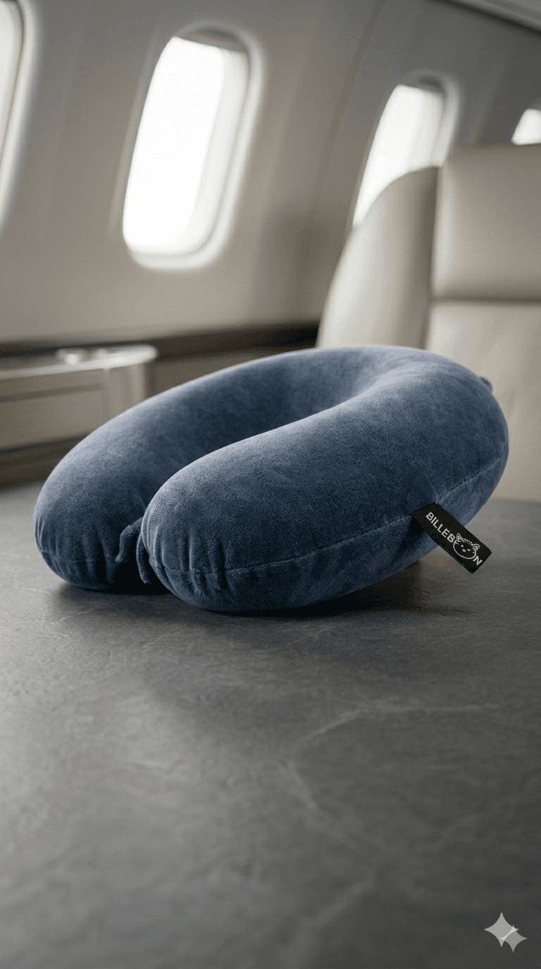 Plush blue U-shaped travel neck pillow resting on a table inside an airplane cabin.