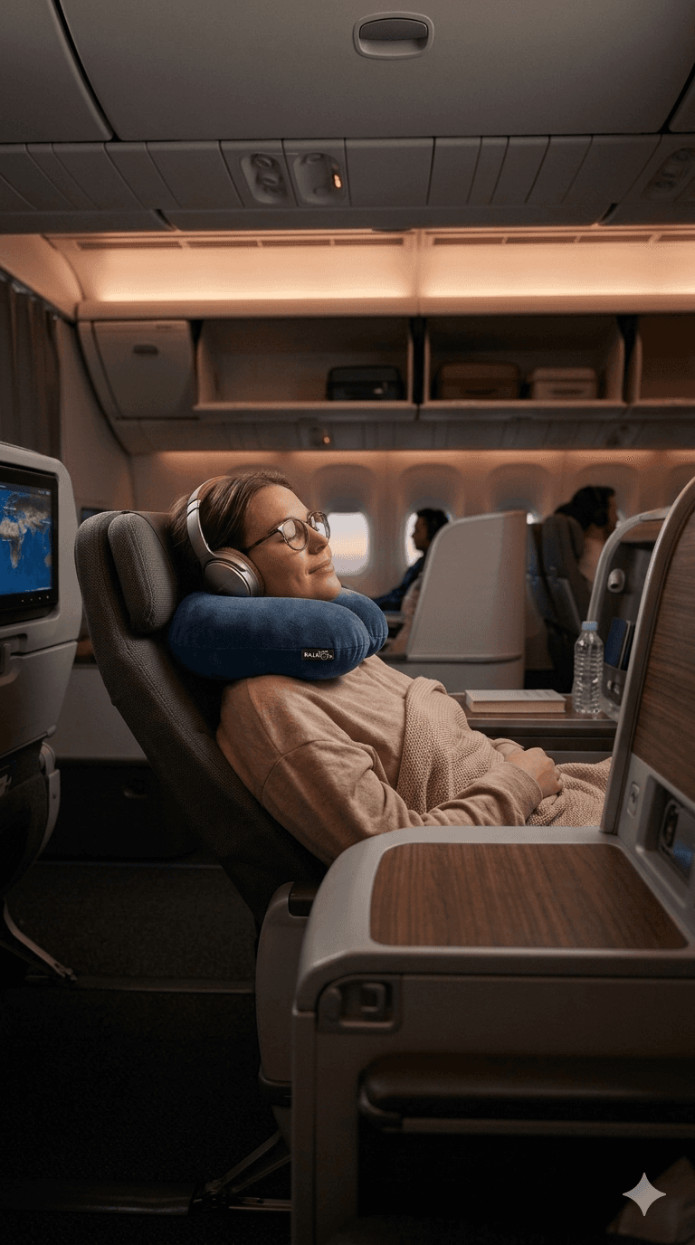 Woman wearing headphones and a blue neck pillow relaxes in a reclining airplane seat.