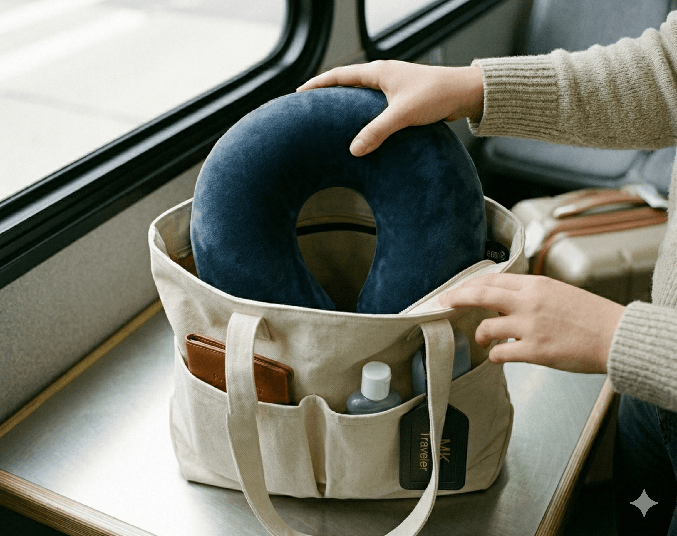 Hands placing a blue neck pillow into a beige canvas tote bag with travel essentials.