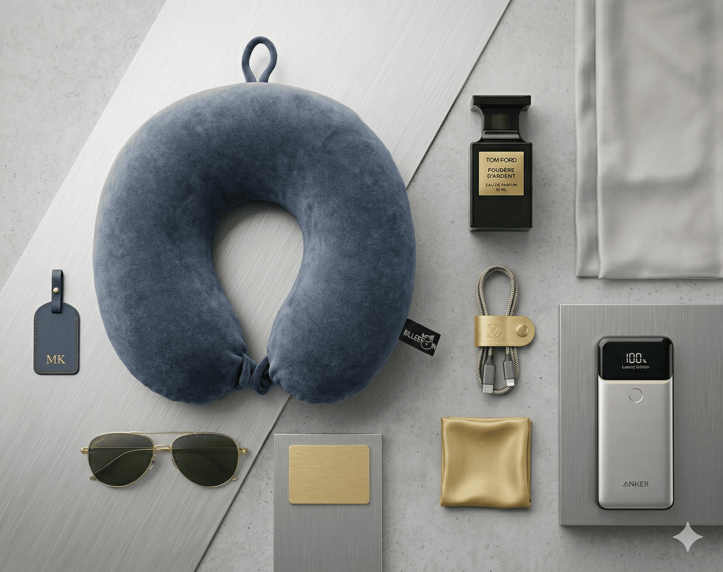 Luxury travel essentials: blue neck pillow, Tom Ford perfume, aviator sunglasses, and Anker power bank.
