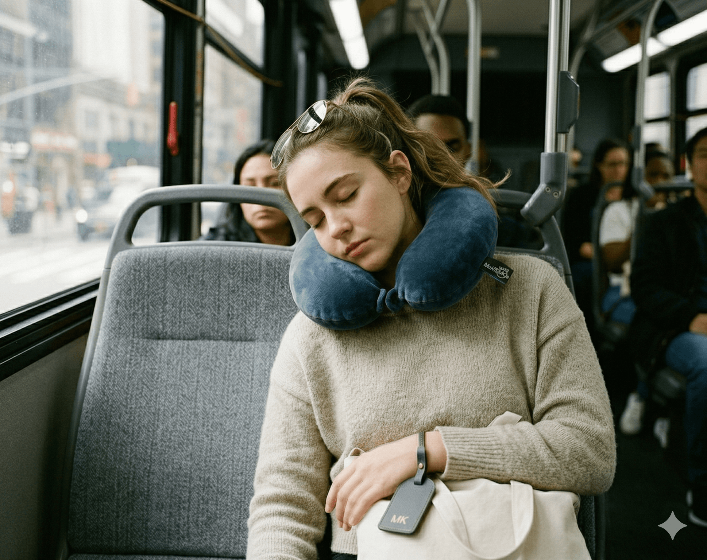 Young woman sleeps on a bus wearing a blue neck pillow and beige sweater.